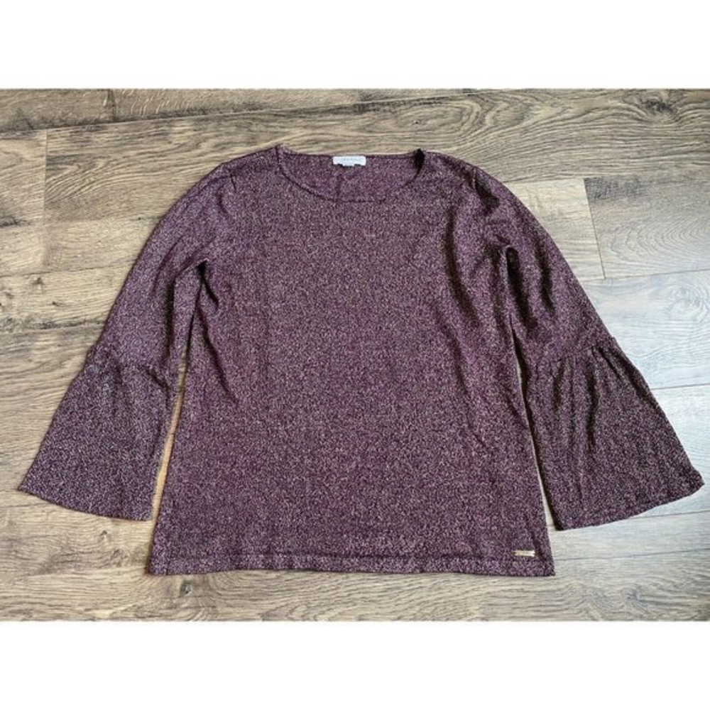 EUC Women Calvin Klein Bell Sleeve metallic gold purple blouse stretchy‎ size S